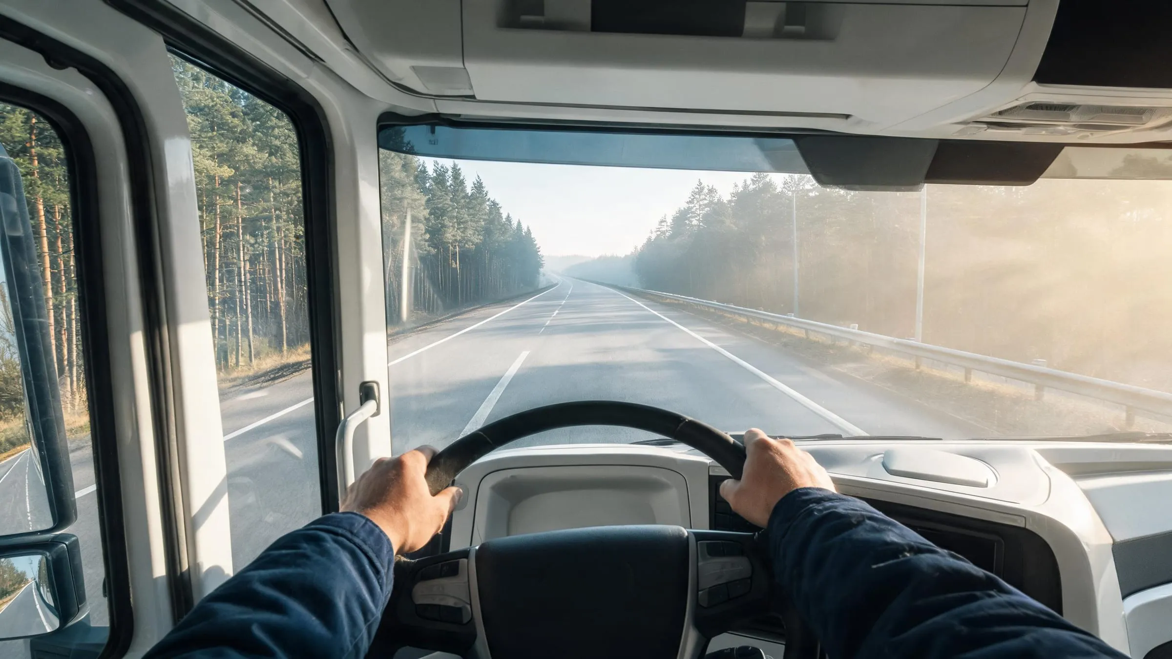 Hände eines Fahrers am Lenkrad, durch die Frontscheibe eine freie Straße