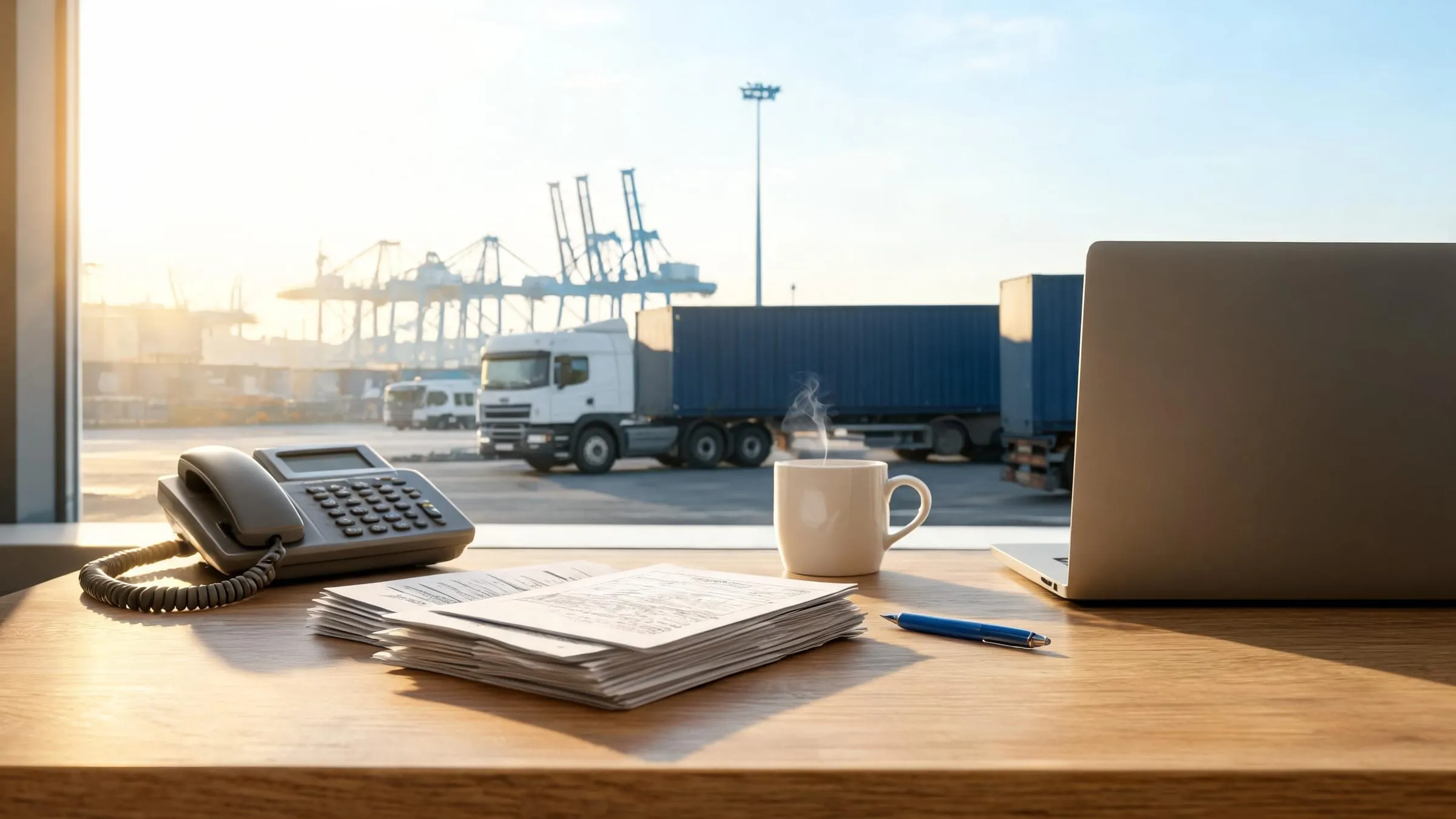 A transport planning desk with a phone and CMR consignment notes, port cranes outside the window