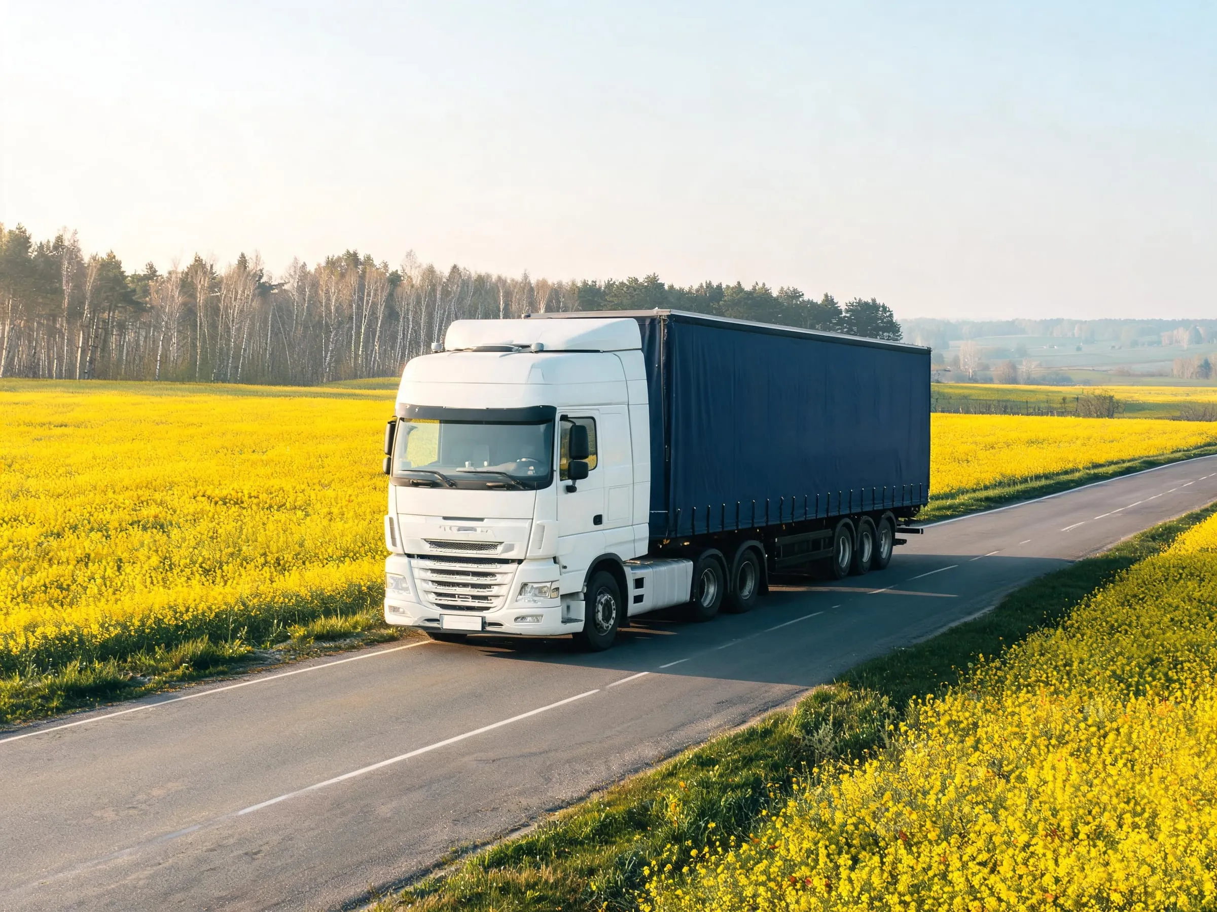 Lkw mit Planenauflieger auf einer Landstraße zwischen gelben Rapsfeldern, von oben gesehen