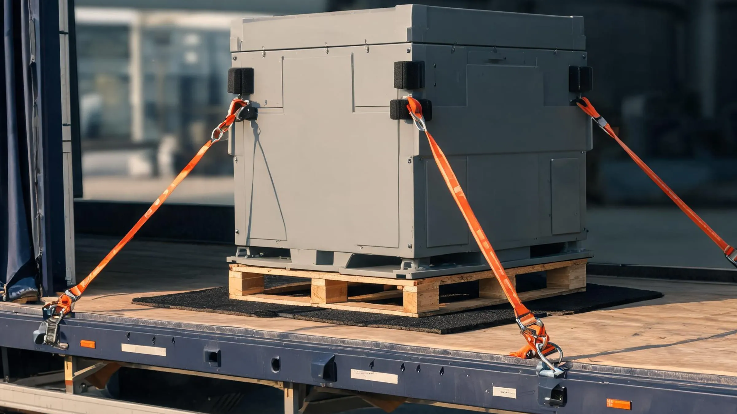 Una carretilla elevadora sube a un semirremolque de lona una máquina sobre una base de madera