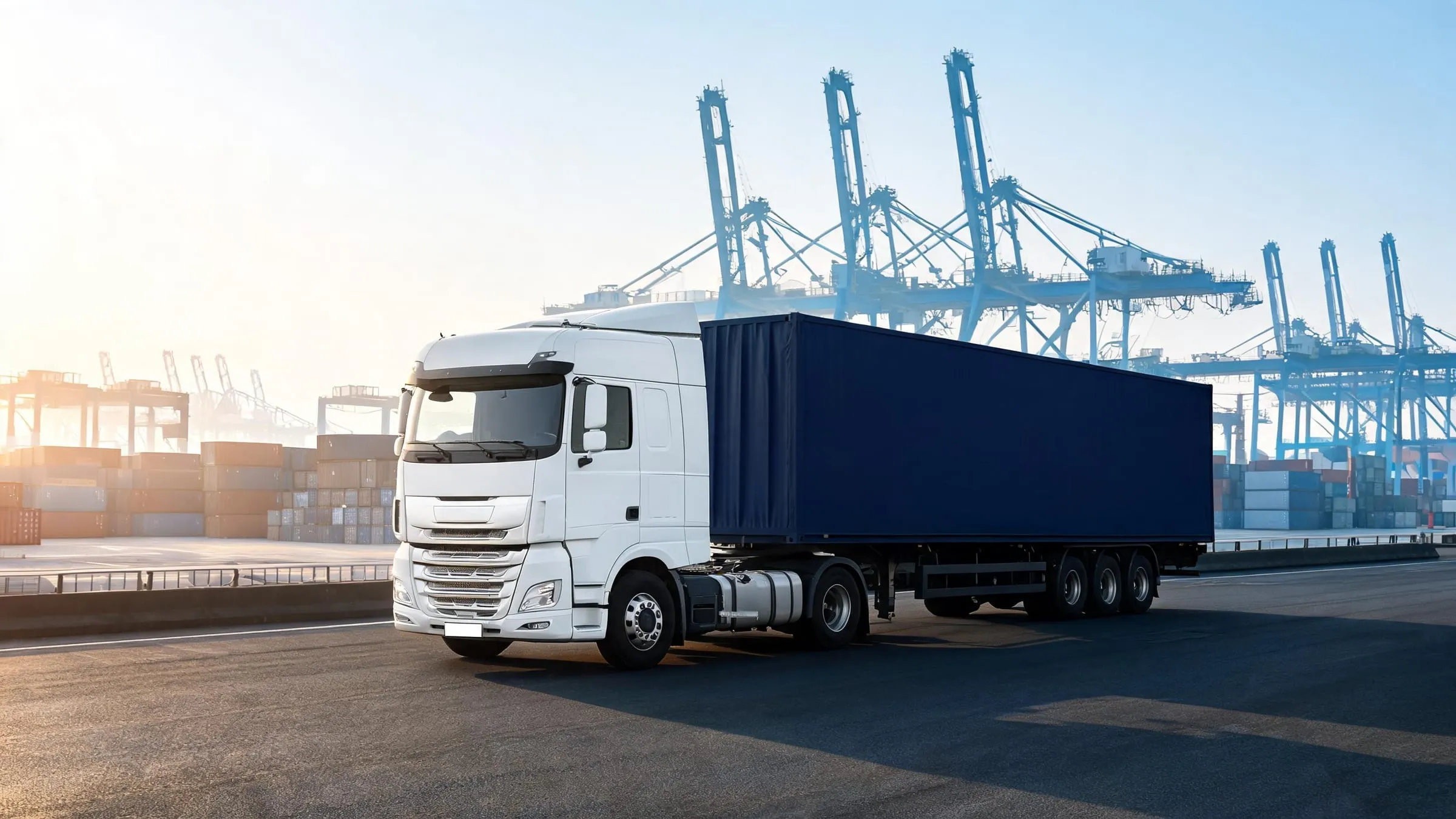 Lkw auf einer Terminalstraße im Hafen, dahinter Containerkräne