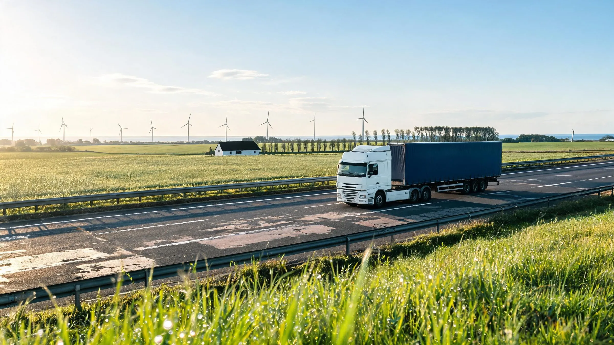 Camion con semirimorchio centinato su un’autostrada danese in una pianura agricola con pale eoliche