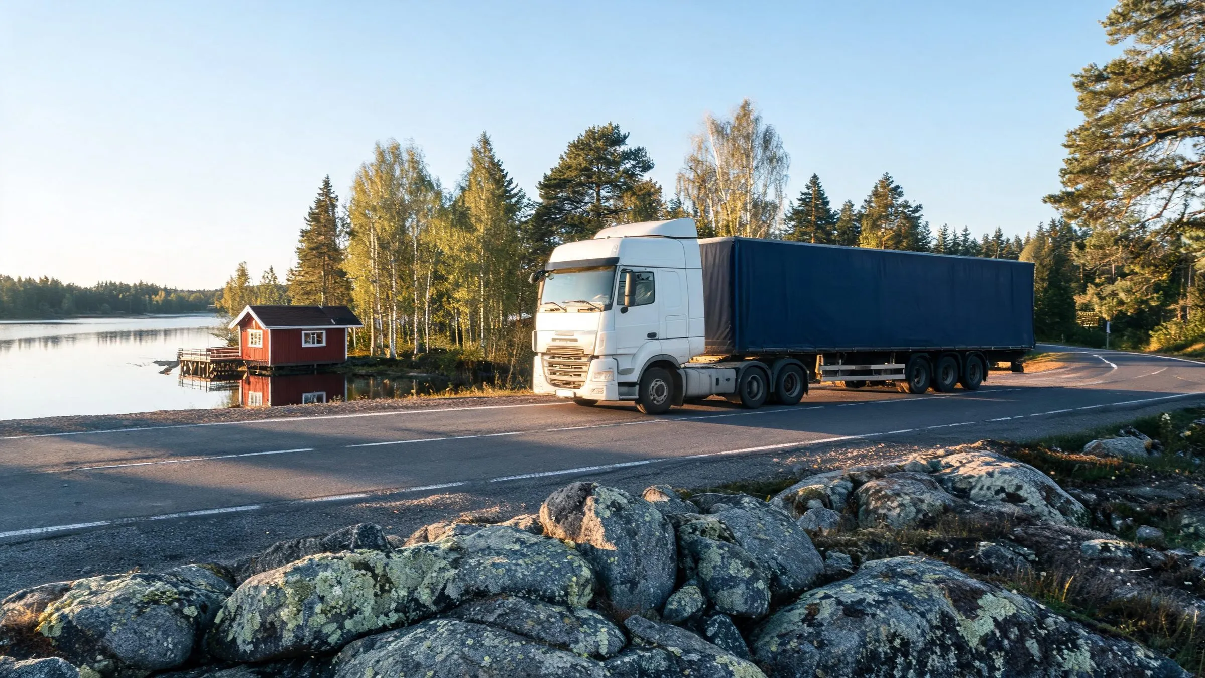 Camion avec semi-remorque tautliner sur une route finlandaise au bord d’un lac, entre des épicéas et des bouleaux