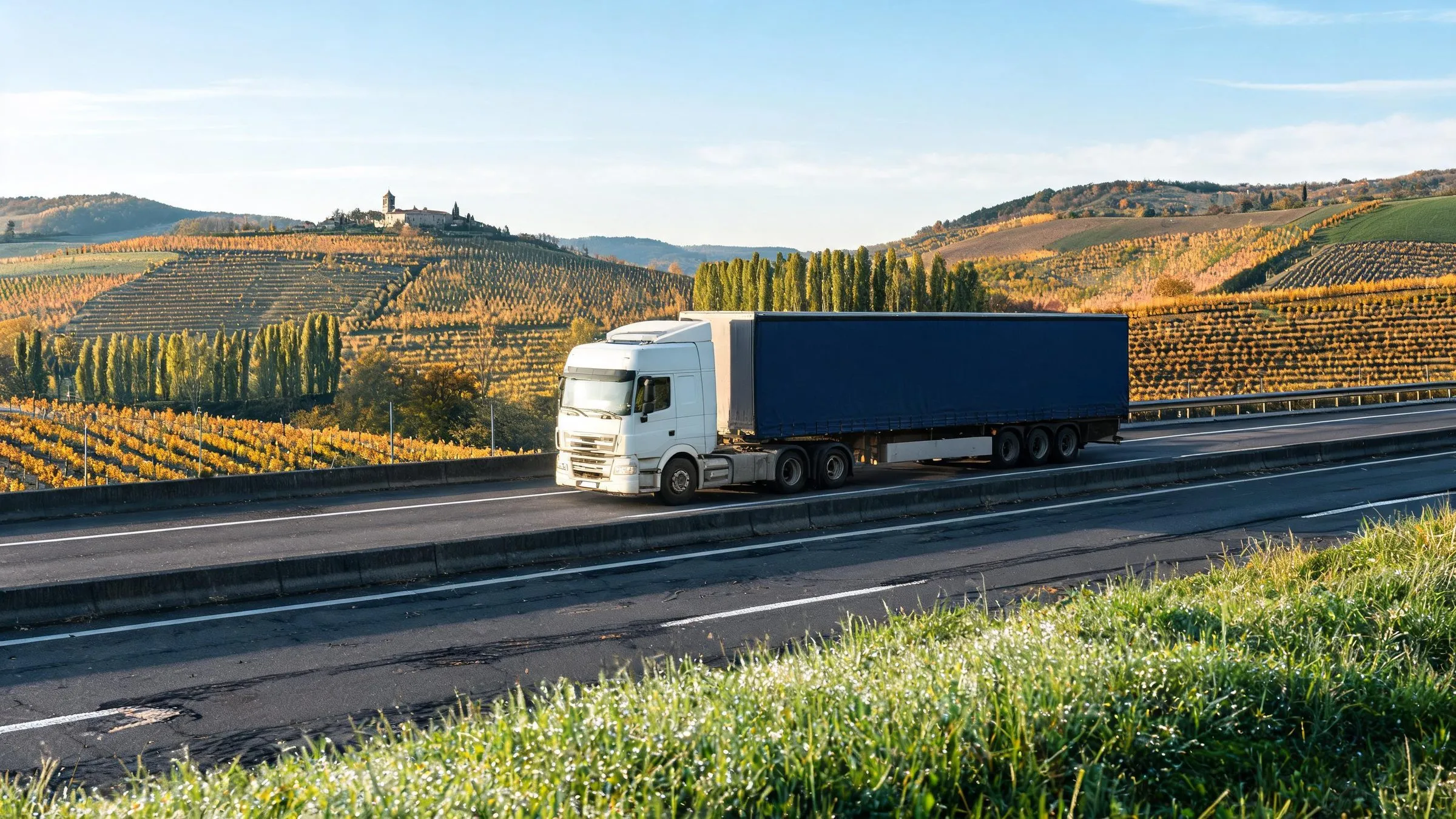 Camion con semirimorchio centinato su un’autostrada francese tra i vigneti della Borgogna