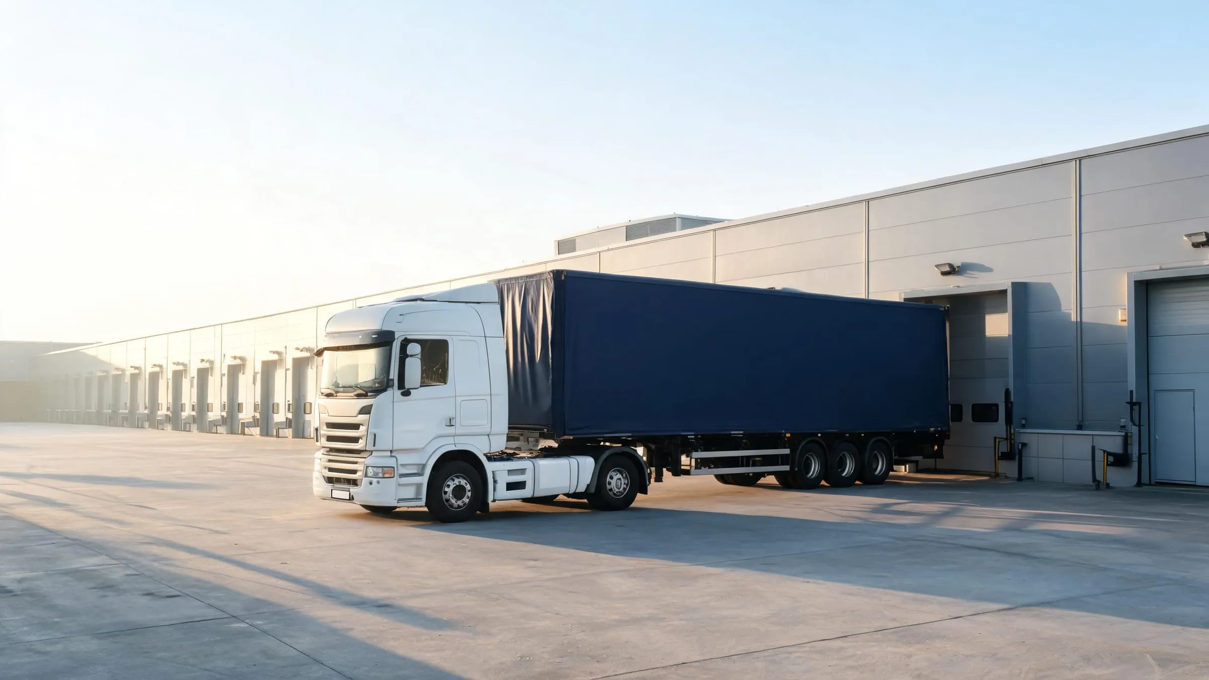 Lkw setzt einen Planenauflieger an die Rampe einer langen Lagerhalle
