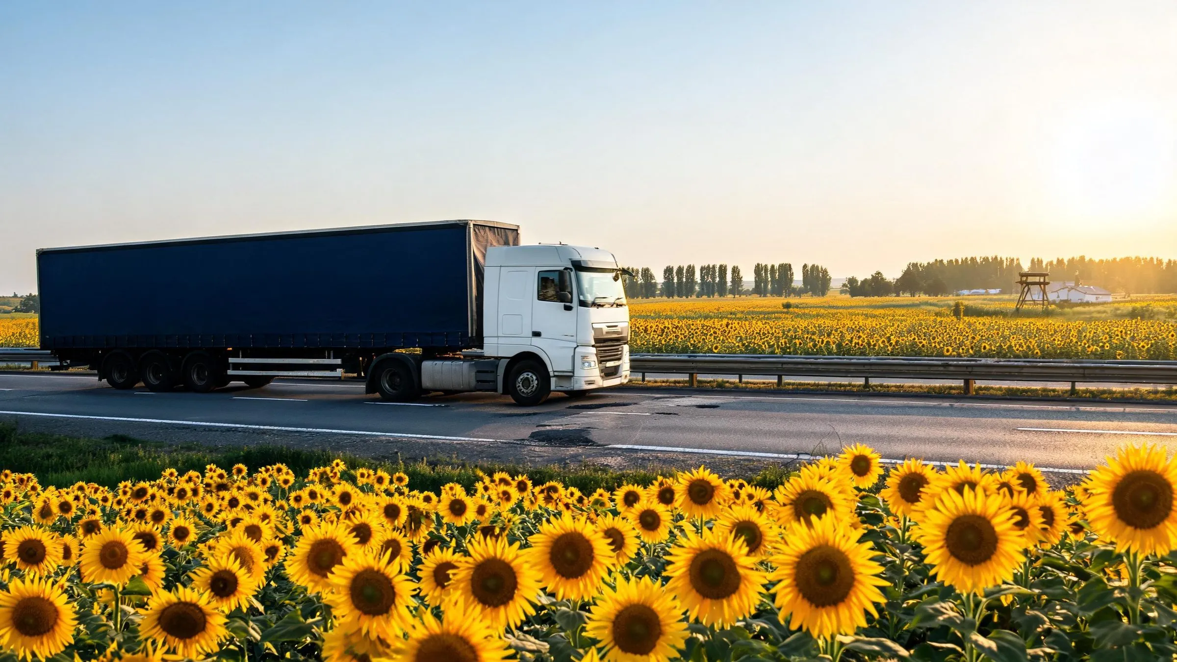 Camion avec semi-remorque tautliner sur une autoroute hongroise à côté d’un champ de tournesols
