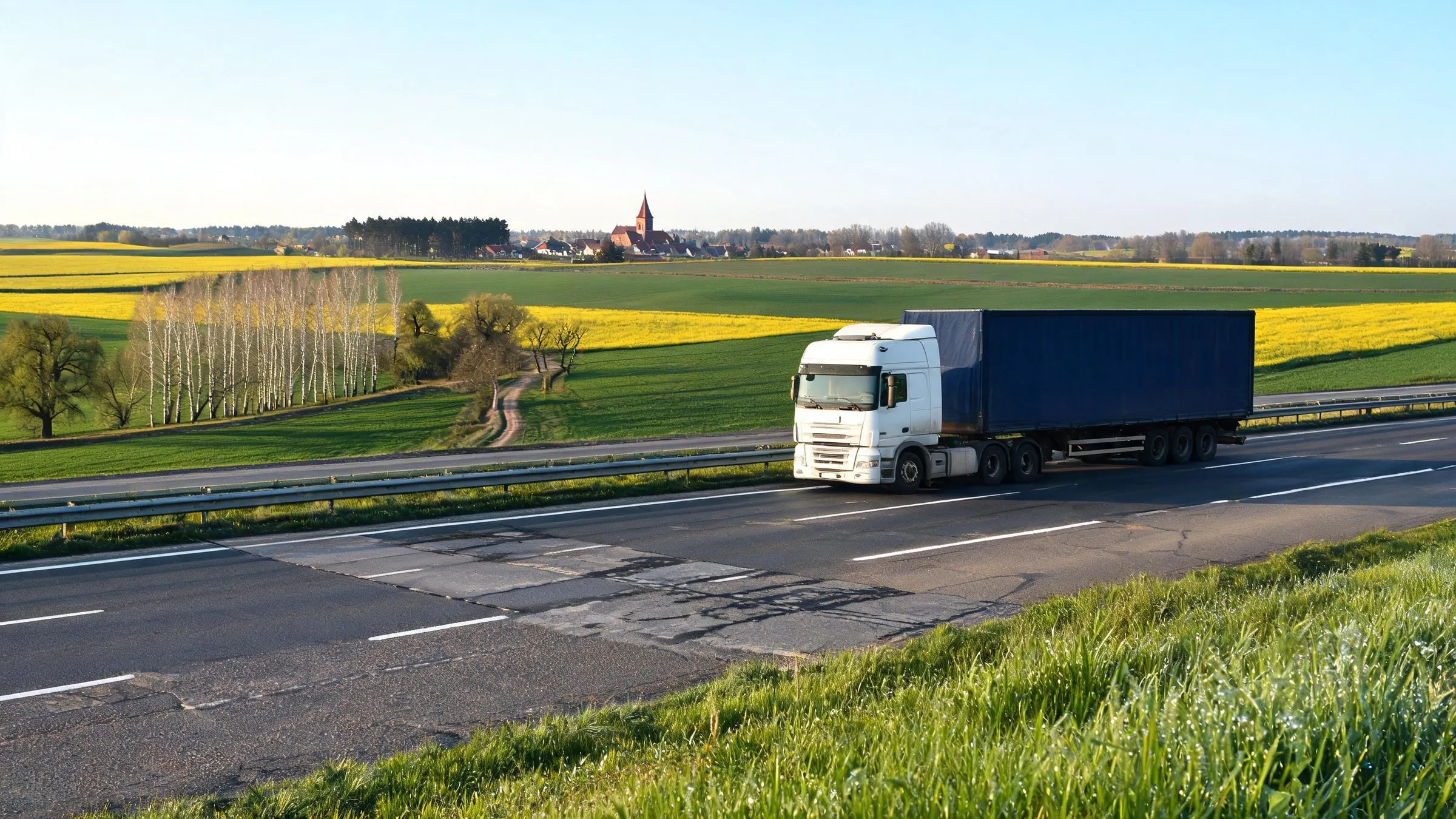 Camion con semirimorchio centinato su una superstrada polacca tra campi di grano e di colza