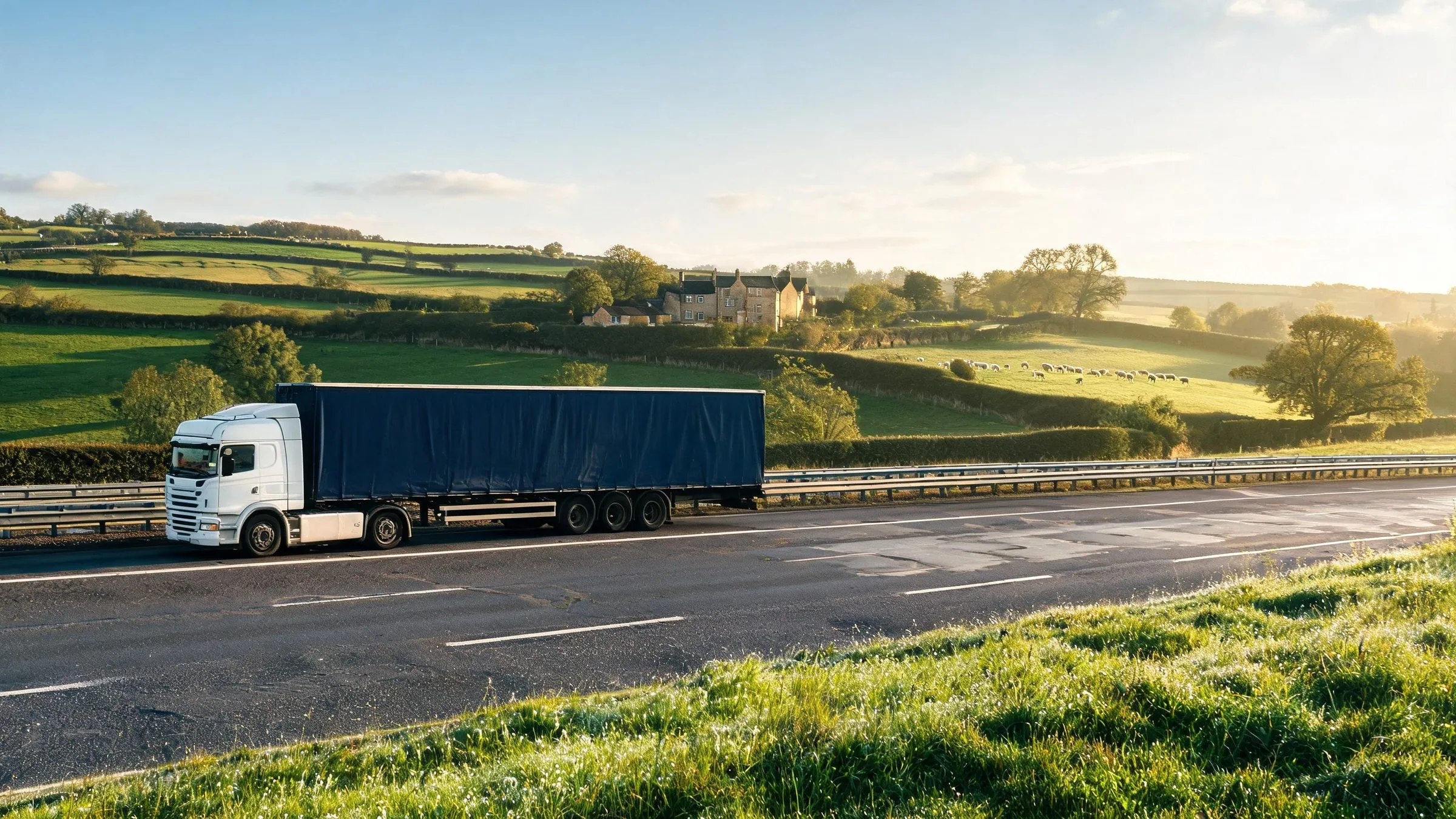 Camion avec semi-remorque tautliner sur une autoroute anglaise entre des prés verts et des haies