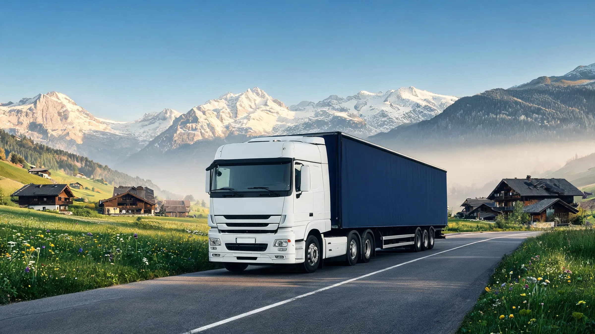 Camion con semirimorchio centinato su una strada in una verde valle alpina, sullo sfondo cime innevate
