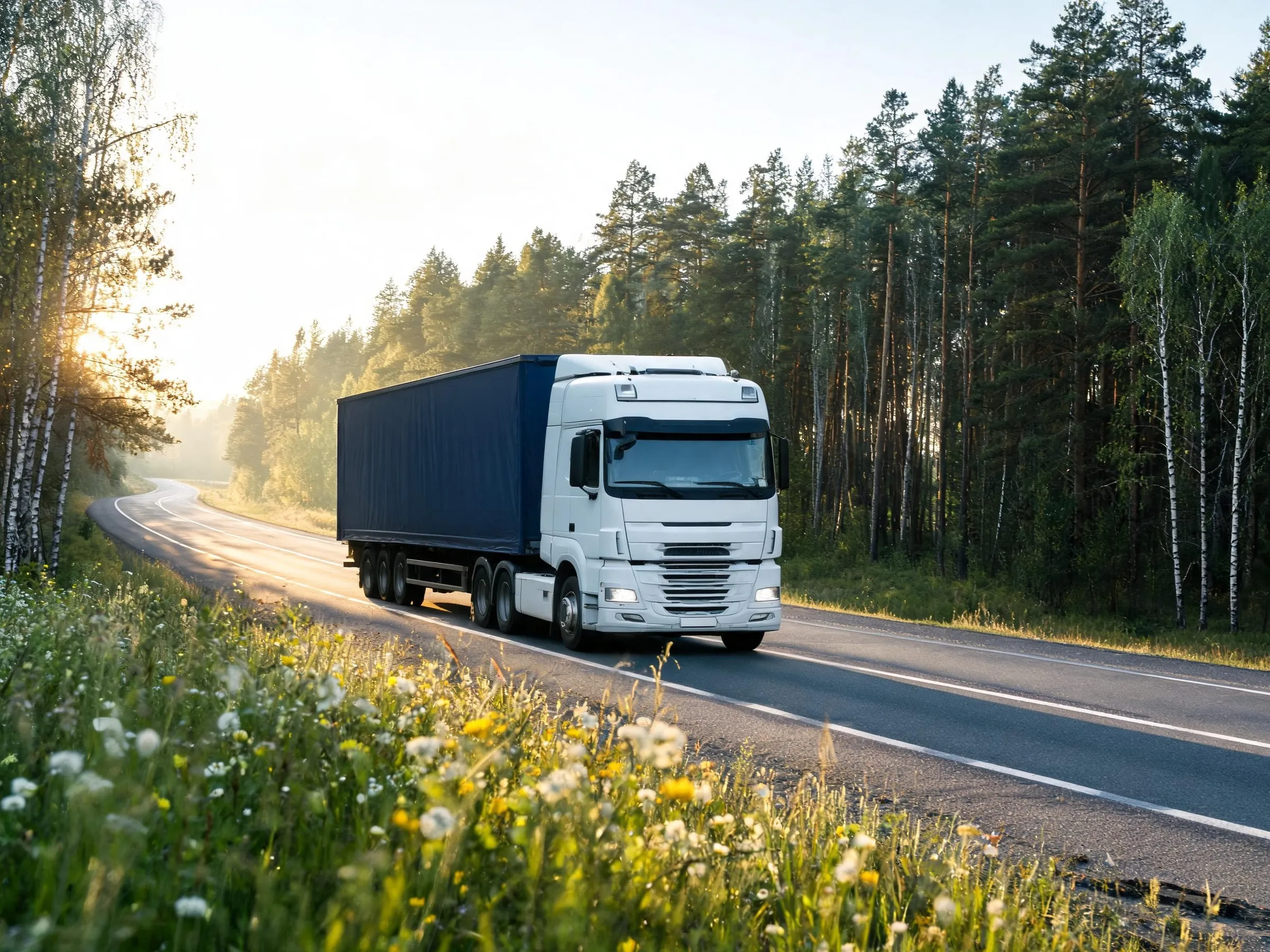 A white truck with a navy curtainsider trailer on a road through a forest