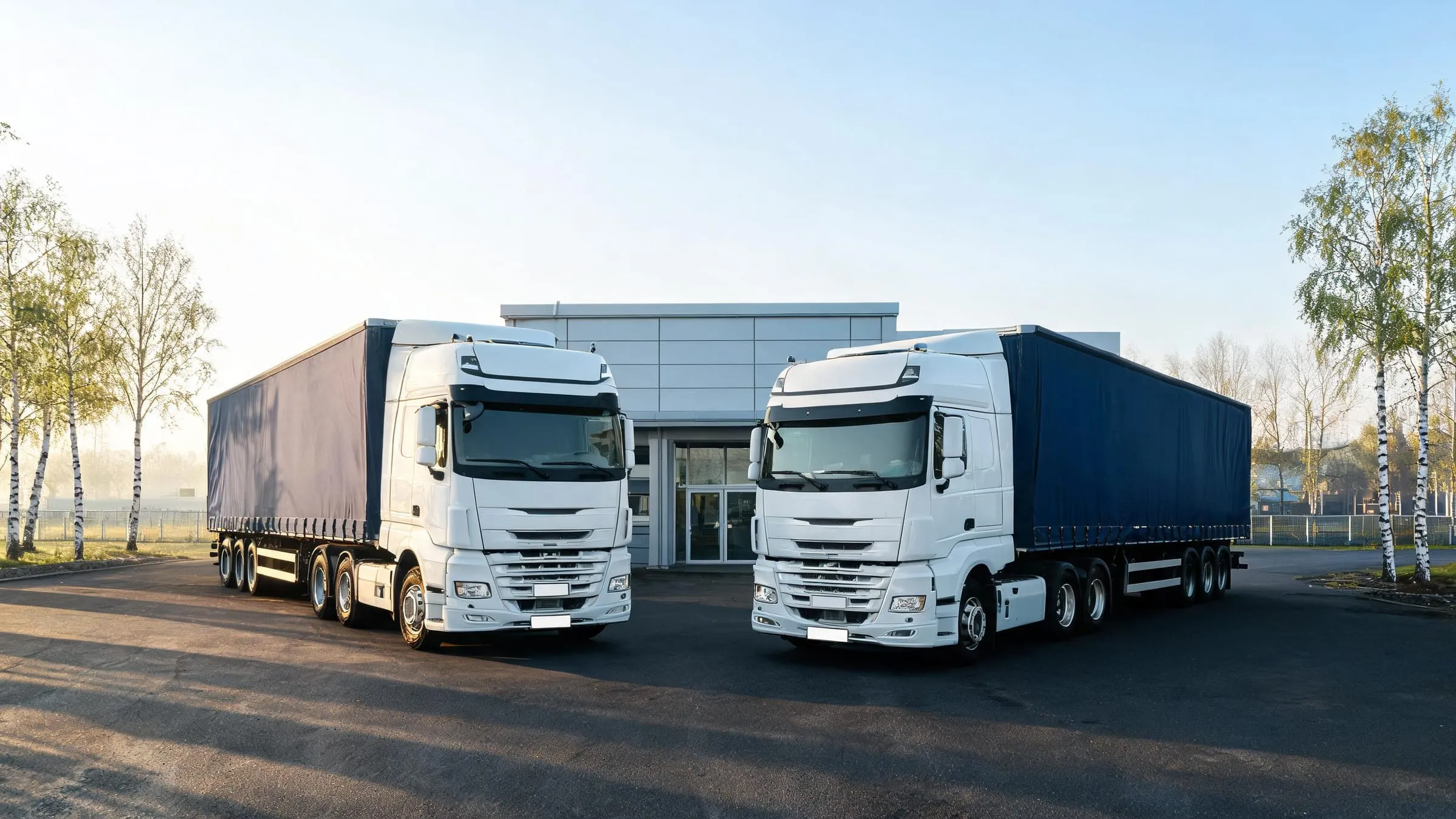 Two trucks with navy curtainsider trailers parked in front of an office and warehouse