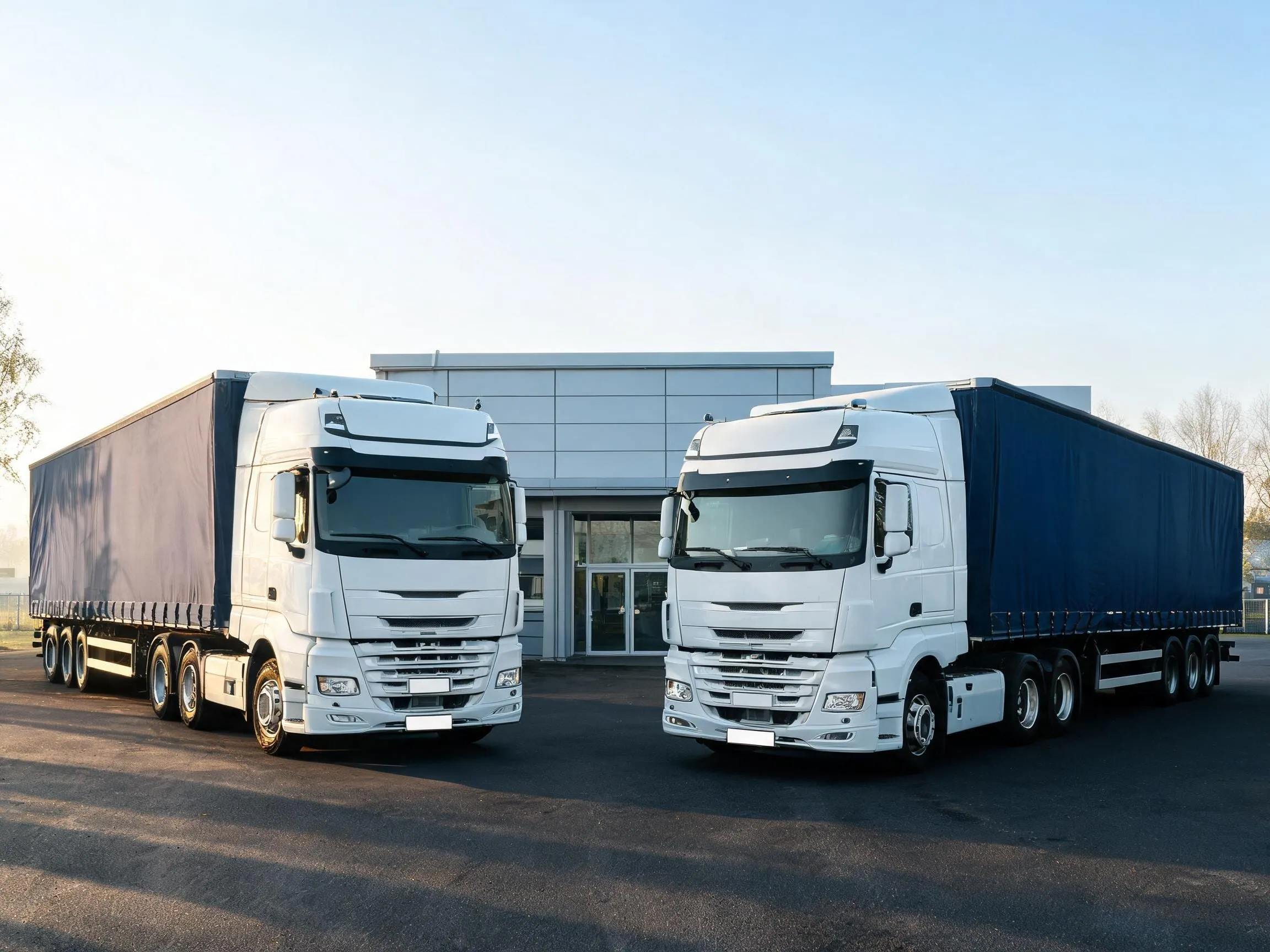 Zwei Lkw mit dunkelblauen Planenaufliegern vor einem Büro- und Lagergebäude